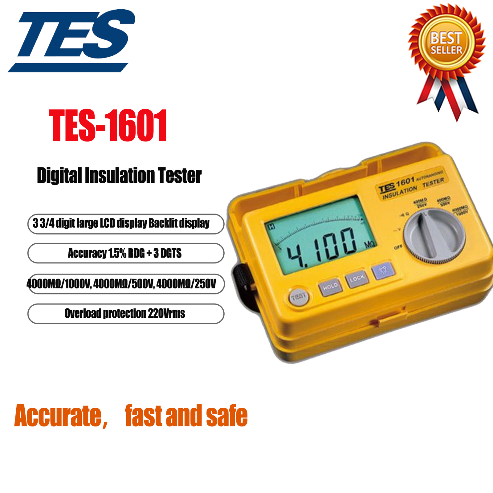 TES-1601 Auto Ranging Insulation Tester Auto Zero&Data Hold New