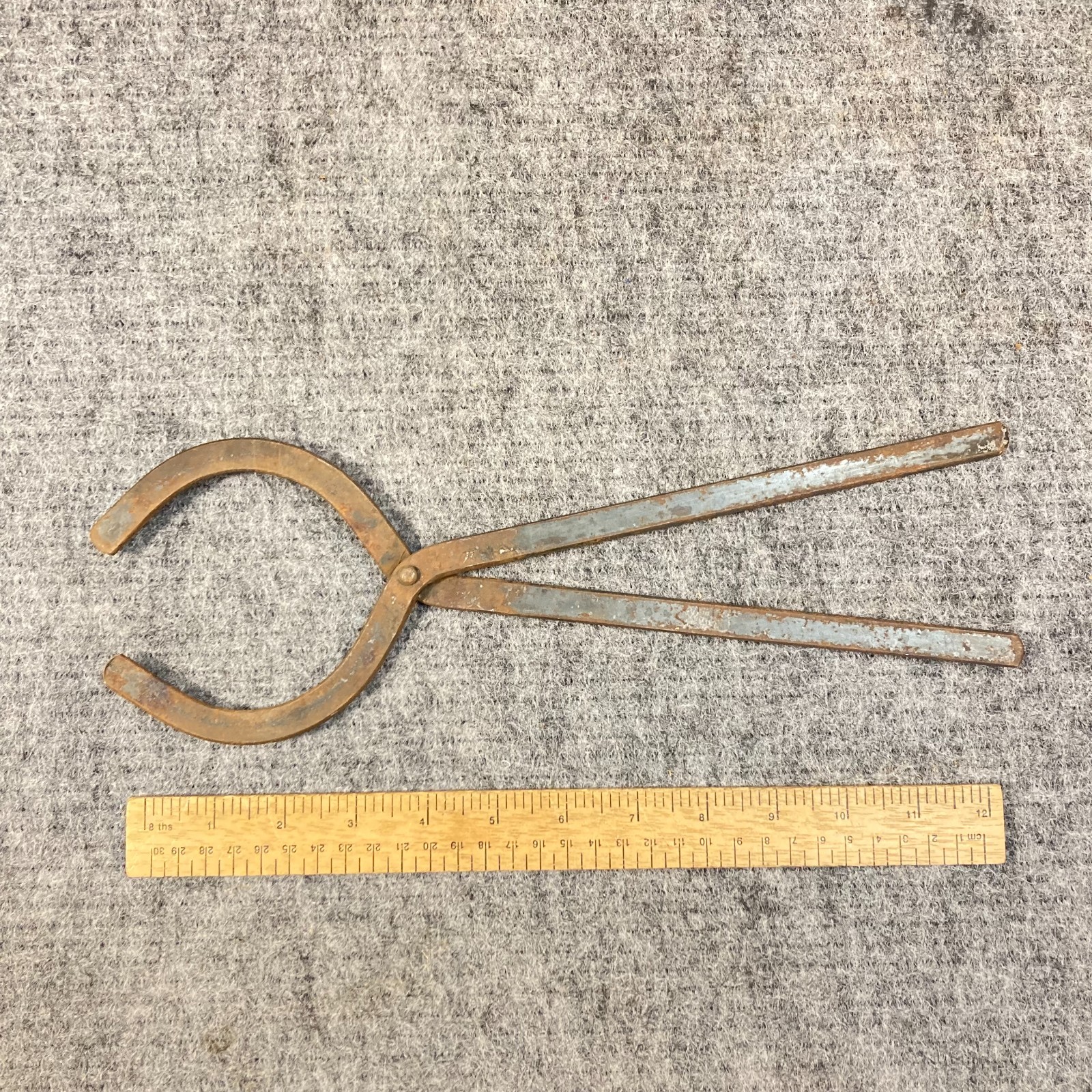 Vintage Blacksmith Tongs Curved Round Jaw 13 1/2" Forged Iron