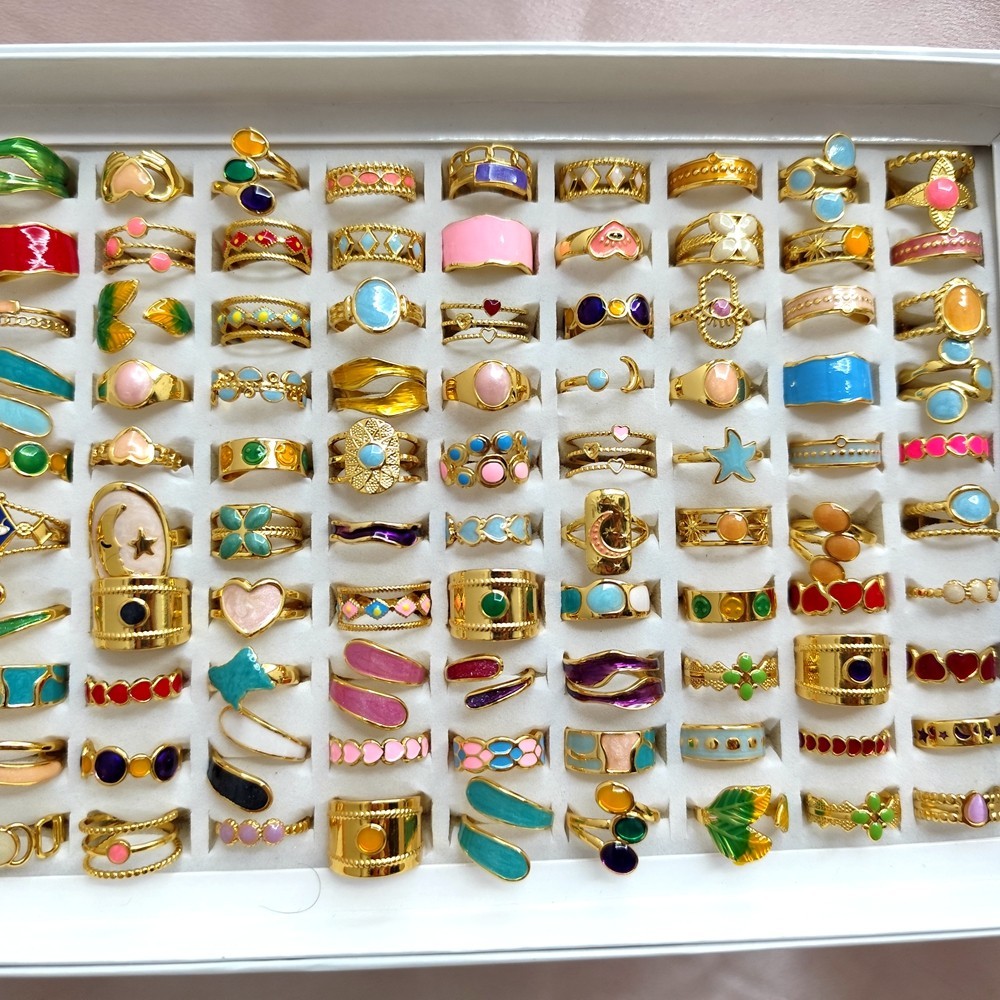 20Pcs Luxury Gold 316L Stainless Steel Color Enamel Wedding Party Ring Open-end
