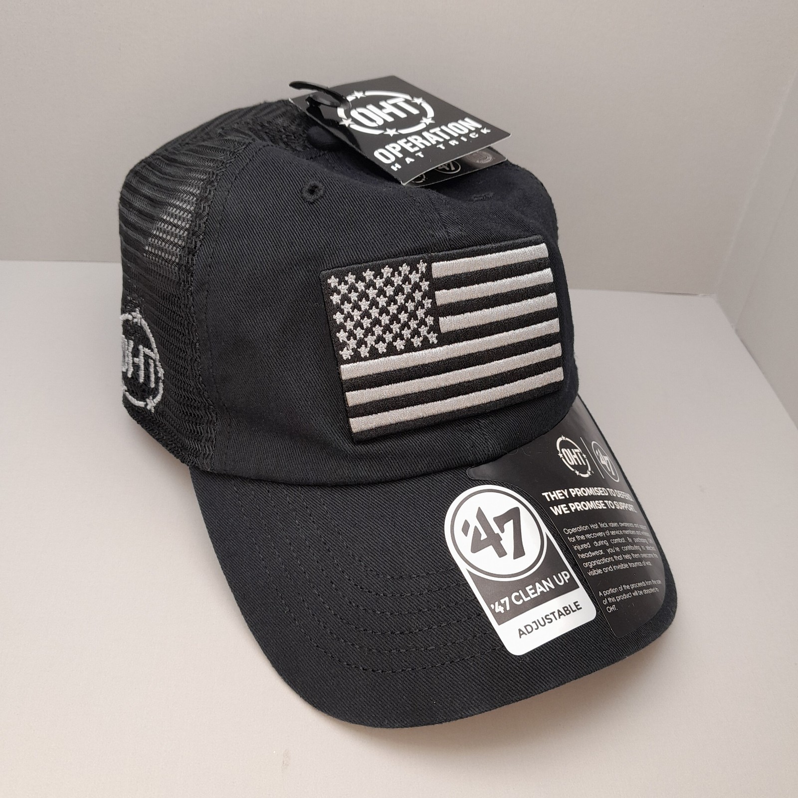 Operation Hat Trick OHT ‘47 Clean Up Hat USA Flag Black Mesh Adjustable Cap NWT