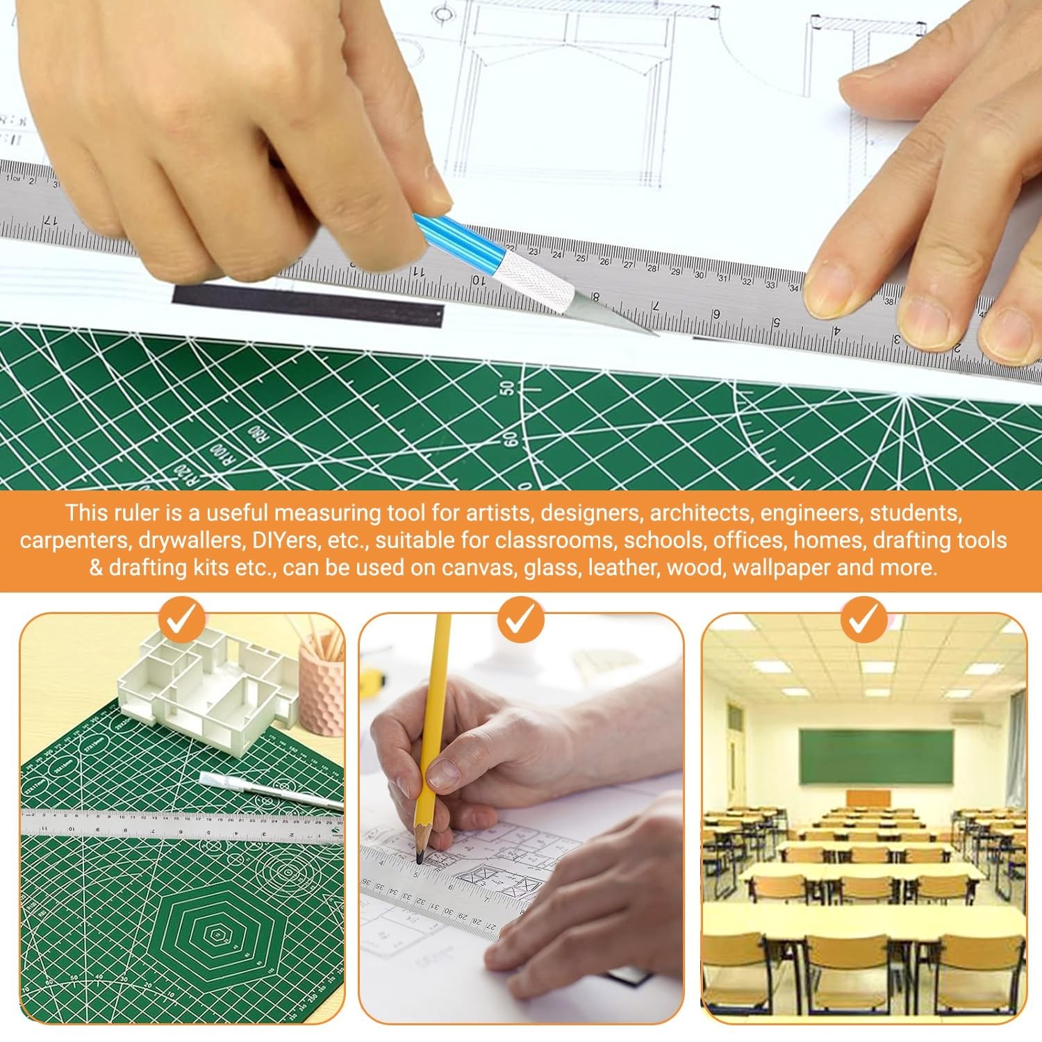Stainless Steel Metal Ruler with Non-Slip Cork Back for Home Improvement, Planne