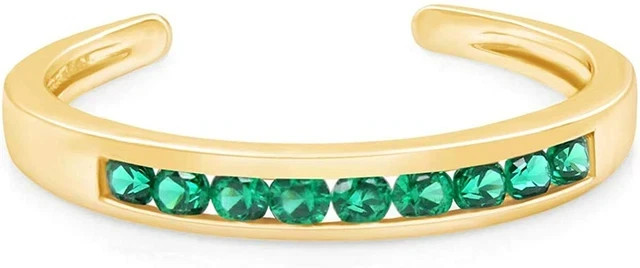 Round Simulated Emerald Channel Set 14k Gold Plated Silver Adjustable Toe Ring
