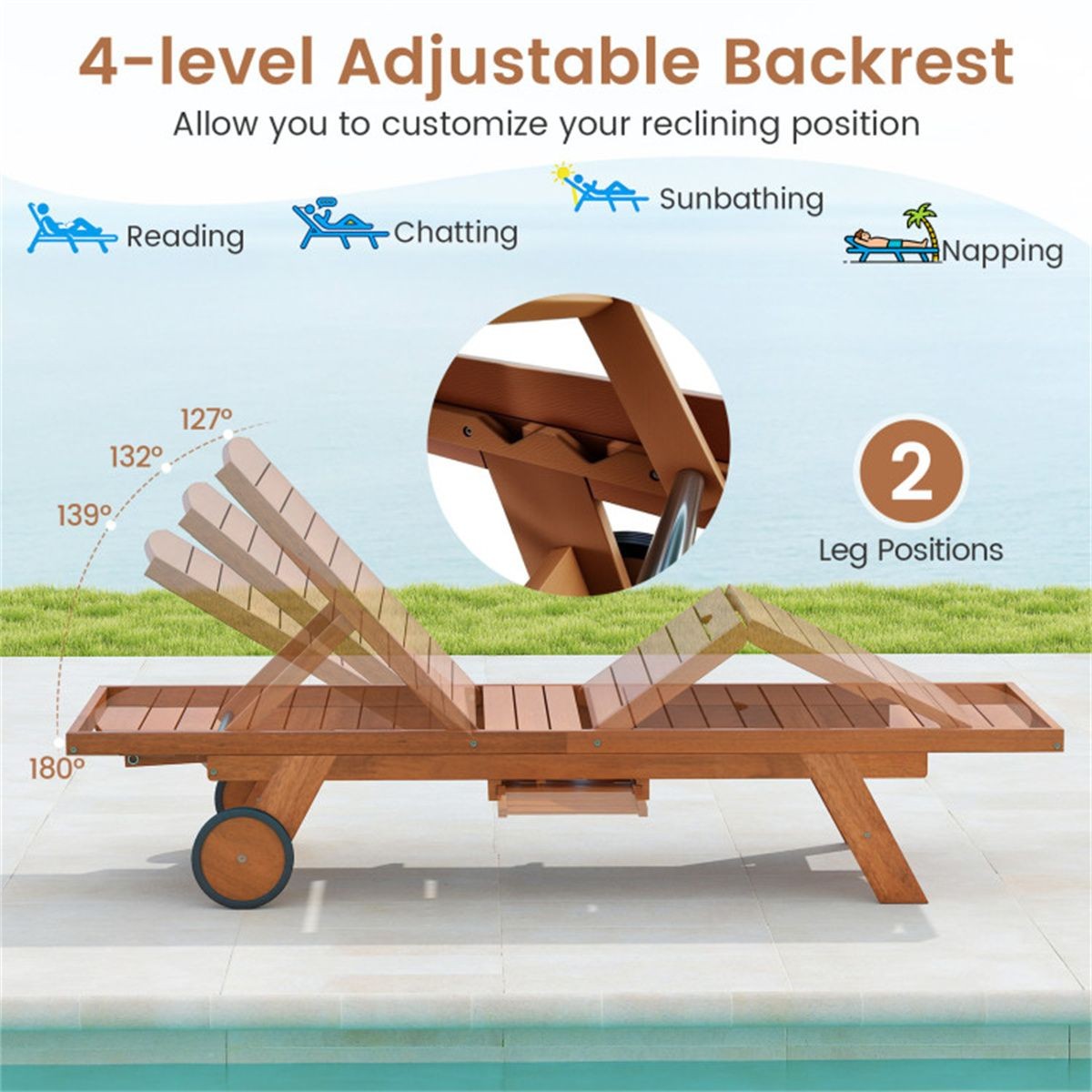 Solid Wood Outdoor Chaise Lounge, 4-Position Adjustable Backrest with Extendable