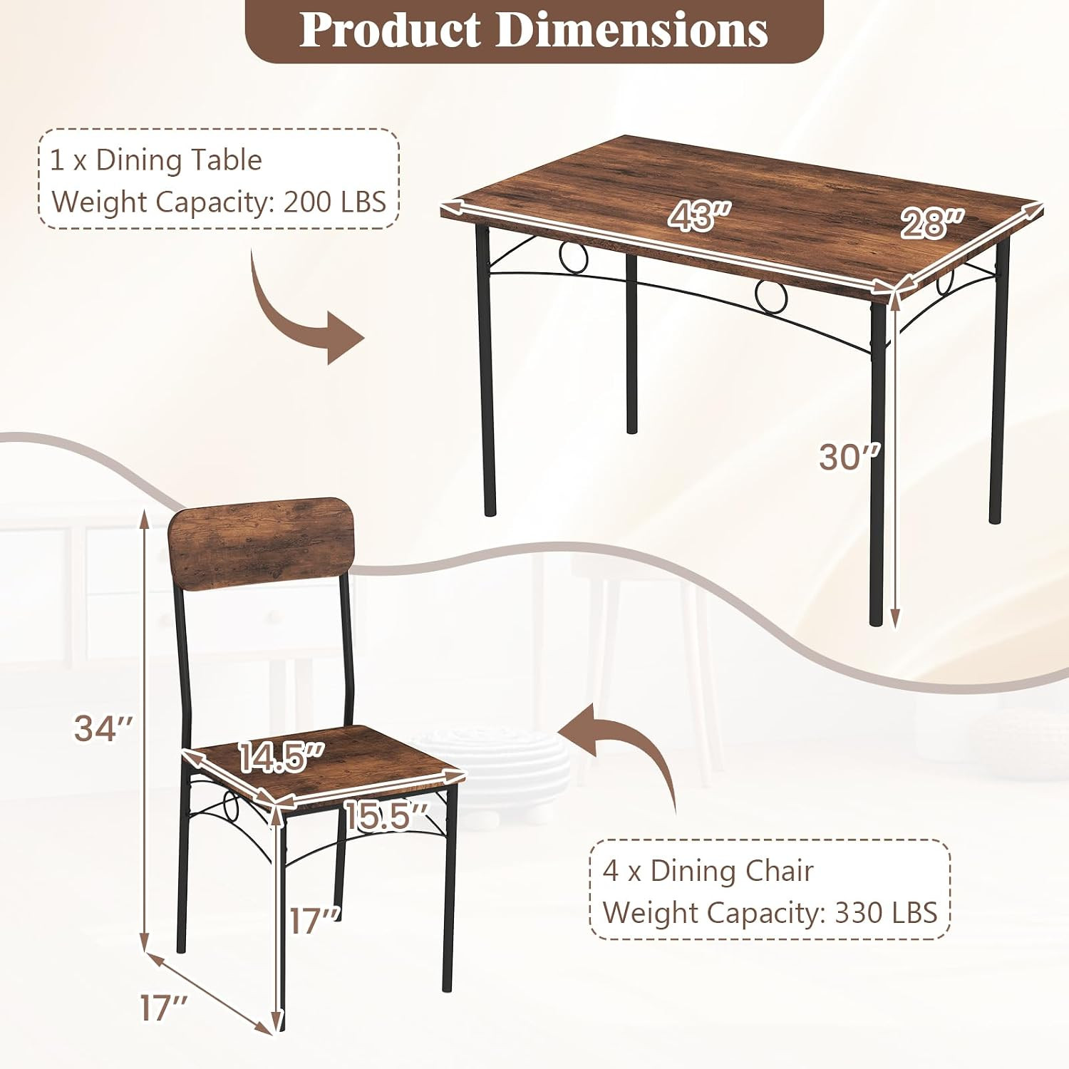 Dining Table Set for 4, Rectangle Kitchen Table and 4 Farmhouse Dining Chairs wi