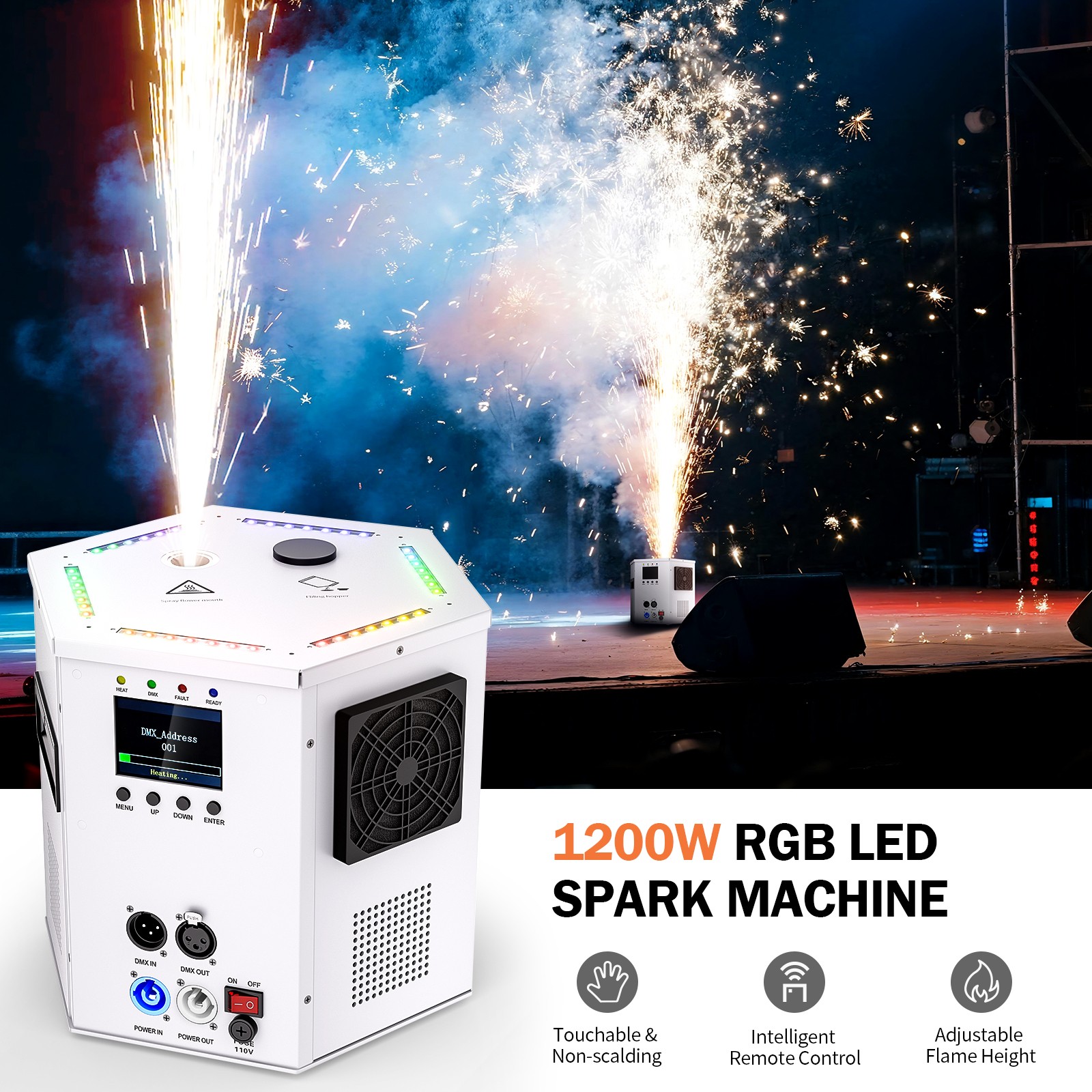 Stage Firework Machine 1200W DMX Cold Spark Machine with Wireless Remote Control