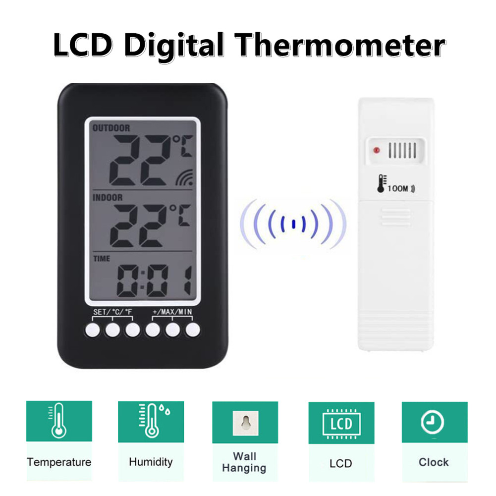 LCD Digital Thermometer Clock Monitor Wireless Transmitter Indoor/Outdoor ℃/℉