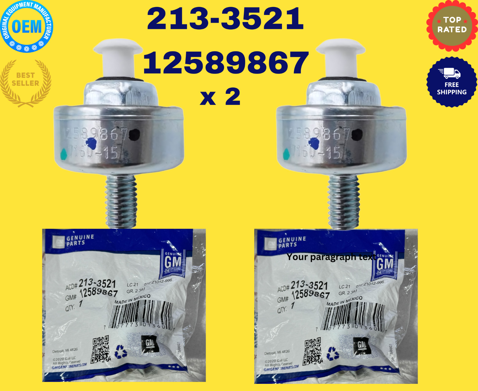 2PC Genuine 213-3521 Knock Sensor 12589867  Fit Chevy Silverado Express