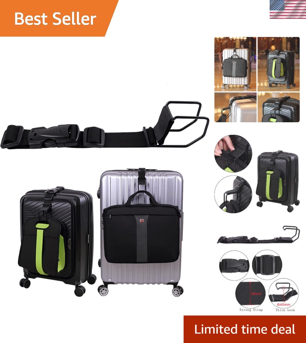 Luggage Hook Strap,J Hook for add a Bag Luggage,Multi Adjustment Bag Strap Ho...