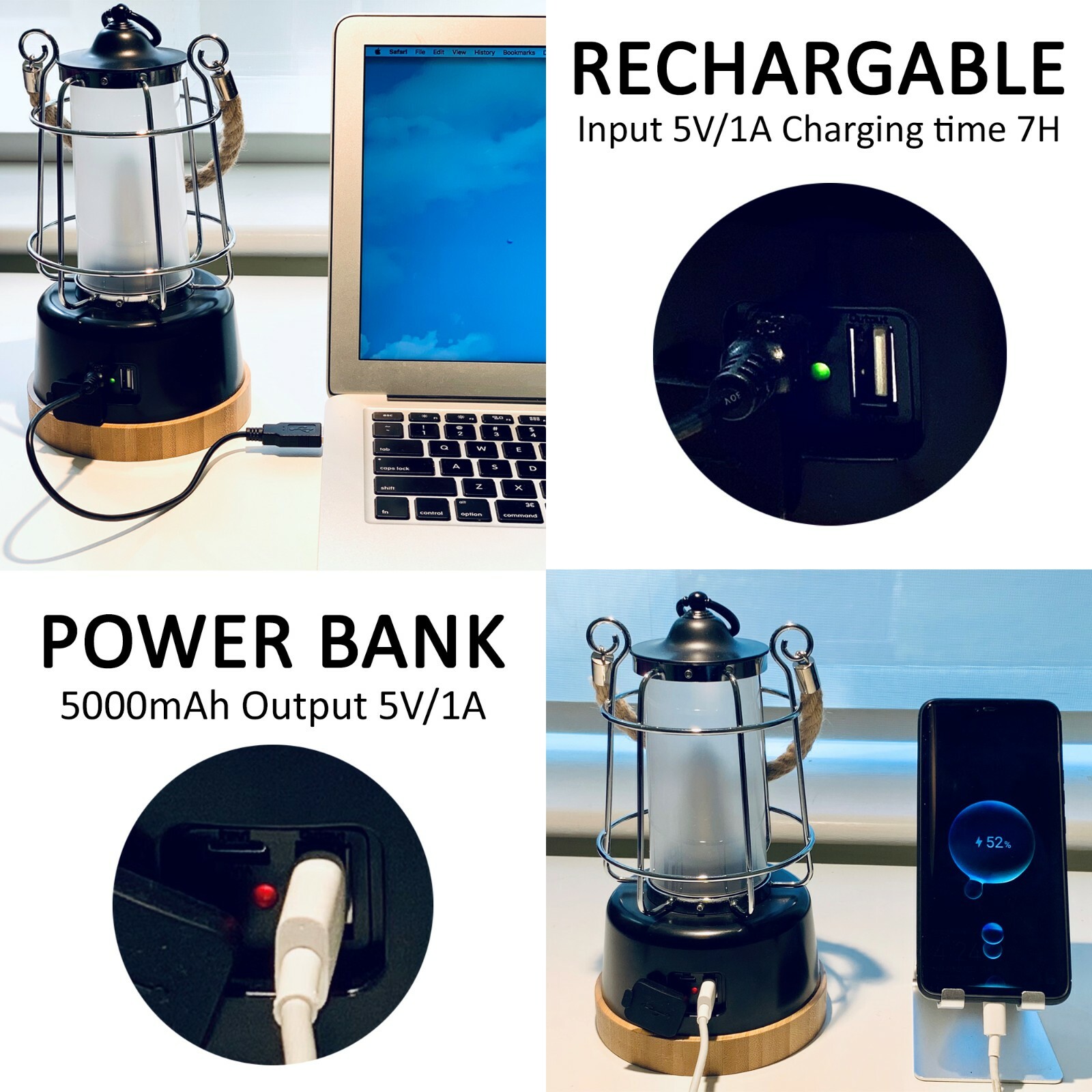Retro Outdoor Water Resistant LED Lantern, Rechargeable, Dimmable