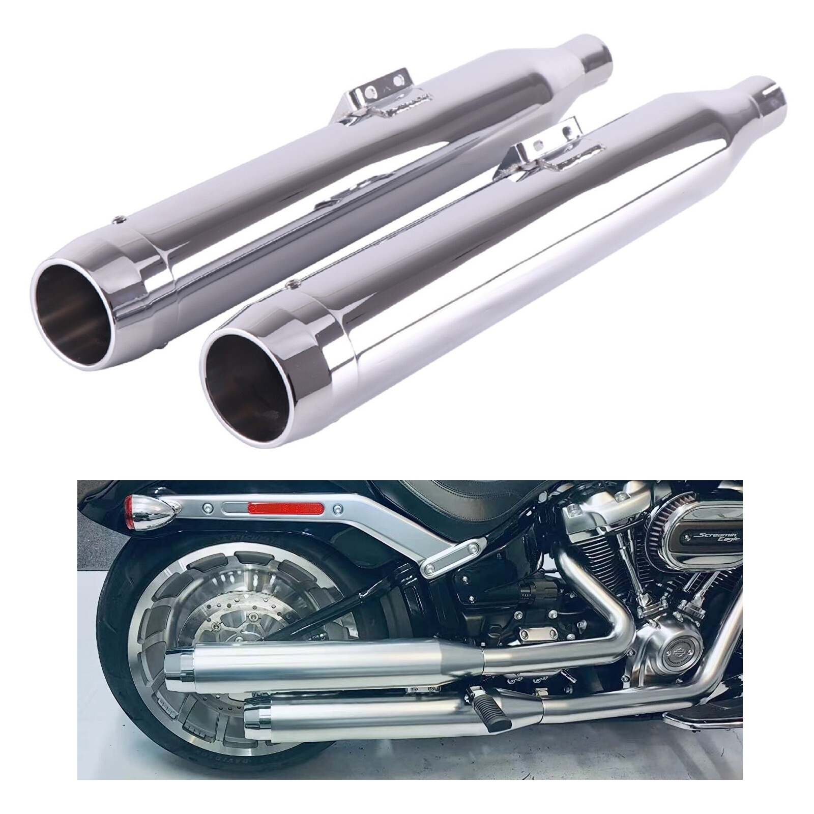3.5" Slip On Mufflers Exhaust Pipes for Softail M8 2018-up Chrome, Length 21"