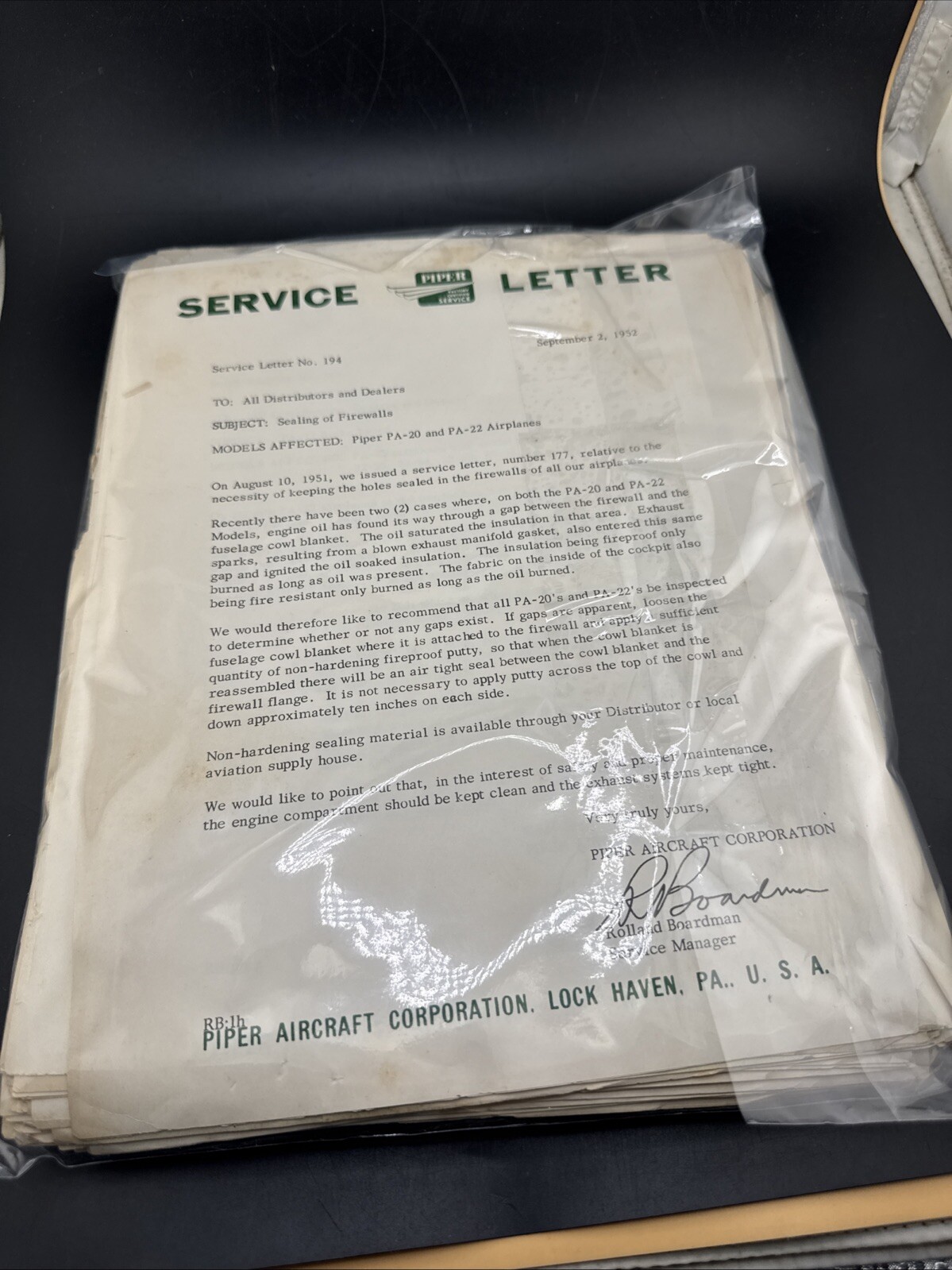 Piper Aviation Service Letter From 1950s-1960s Collection