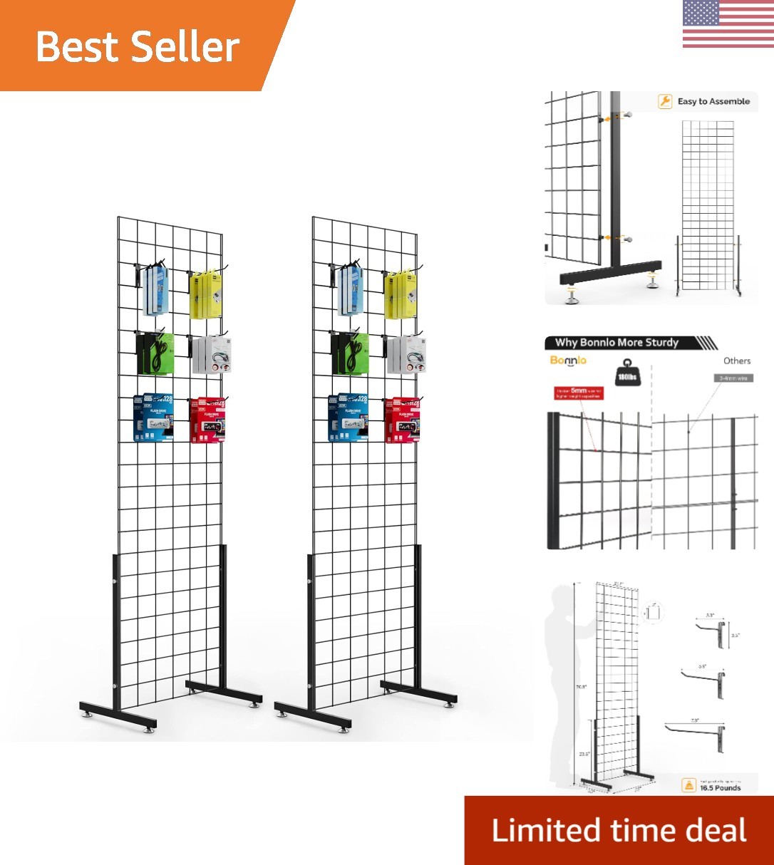 Freestanding 6' x 2' Grid Wall Rack with Hooks – Versatile Display Solution