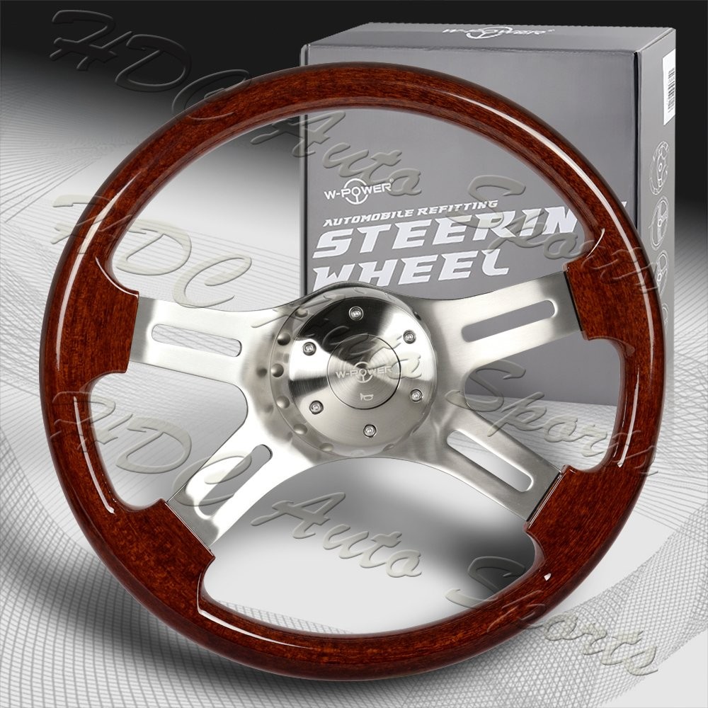 W-Power 406mm Dark Wood Grip 5-Hole Billet 4-Spoke 16-Inch Steering Wheel + Horn