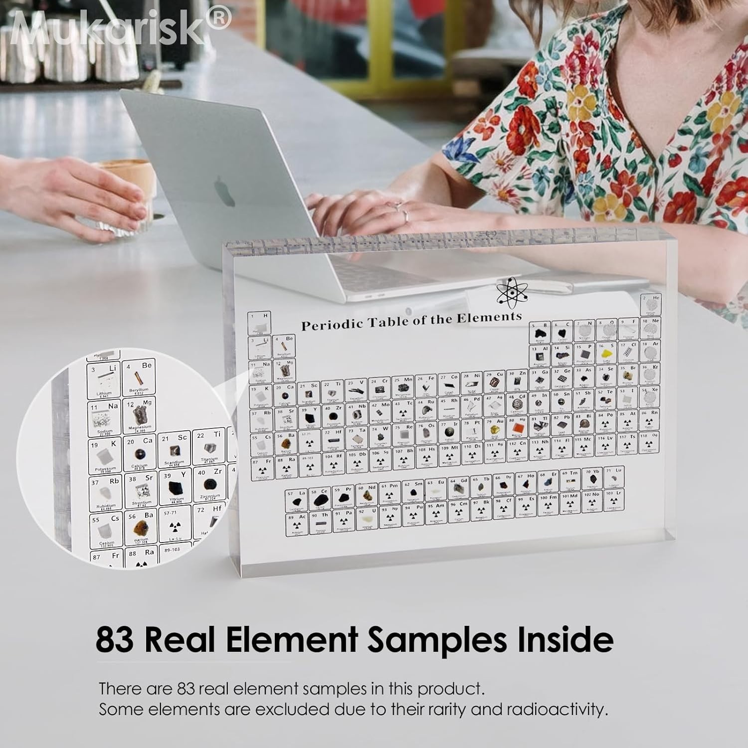 Tabla periódica grande con elementos reales en el interior, con 83 elementos