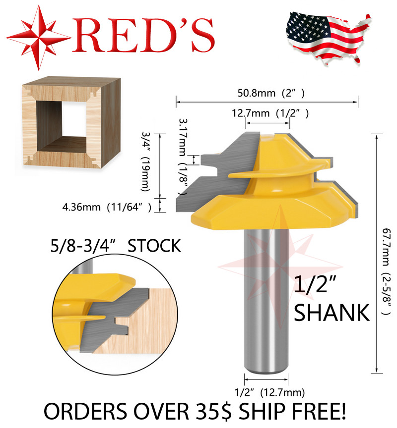 REDS Y75840-8- 45 Degree-Up to 3/4" Stock Lock Miter Joint Router Bit 1/2" Shank