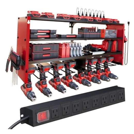 4 Layers Power Tool Organizer Wall 8 Slots with 8 Outlets Power Strip Red＆Black