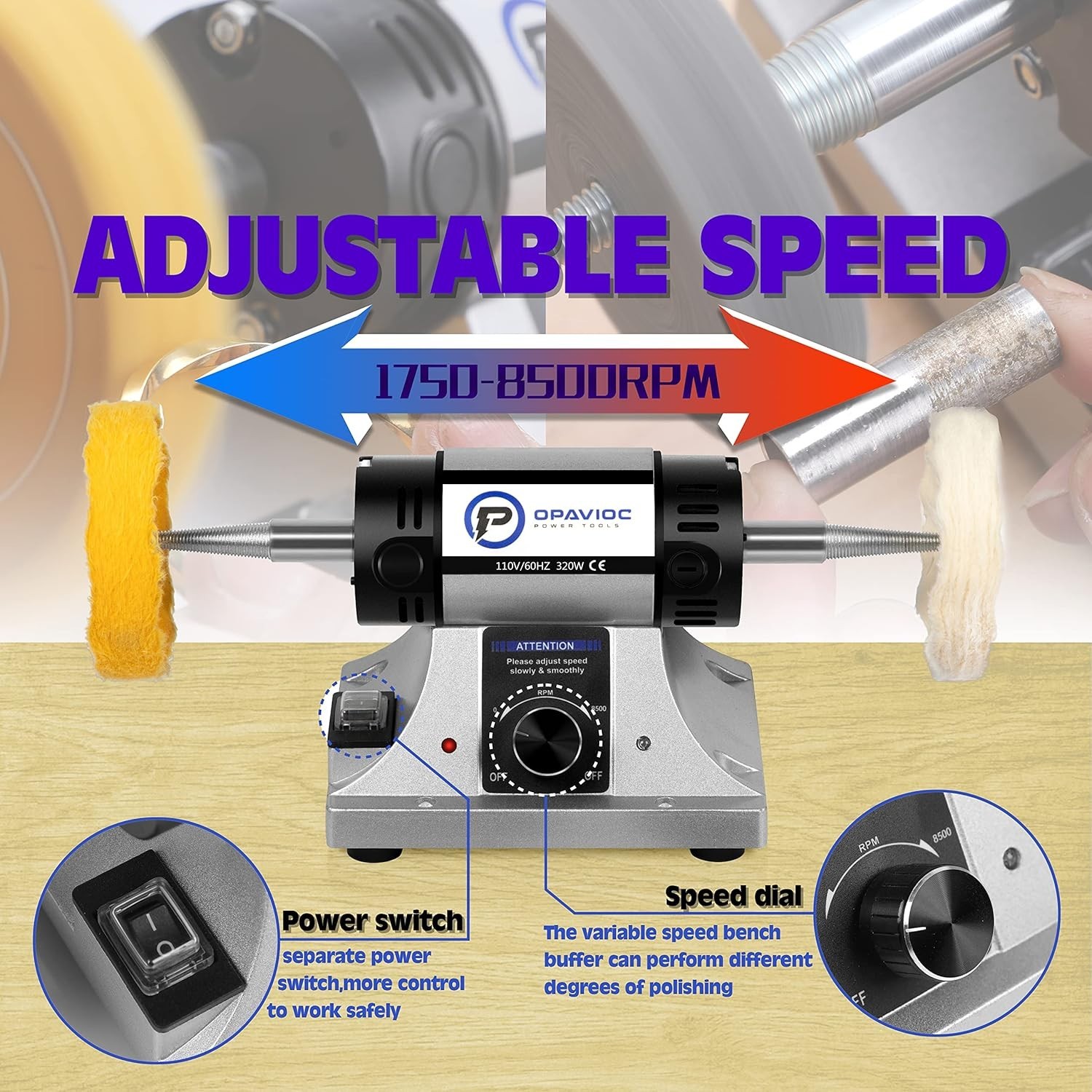 Adjustable Variable Speed Bench Grinder Polishing & Buffing Machine