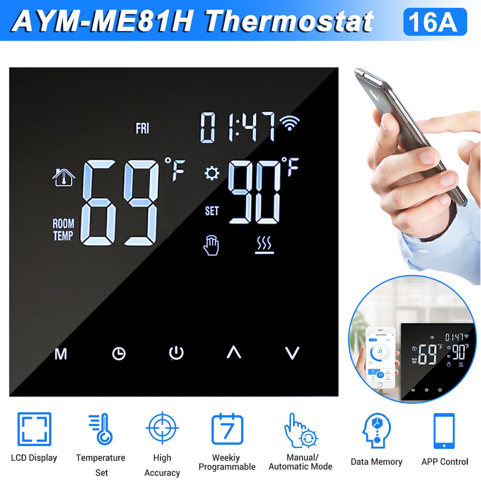 WIFI Smart Thermostat LCD Display Remote App Management for Climate Control US