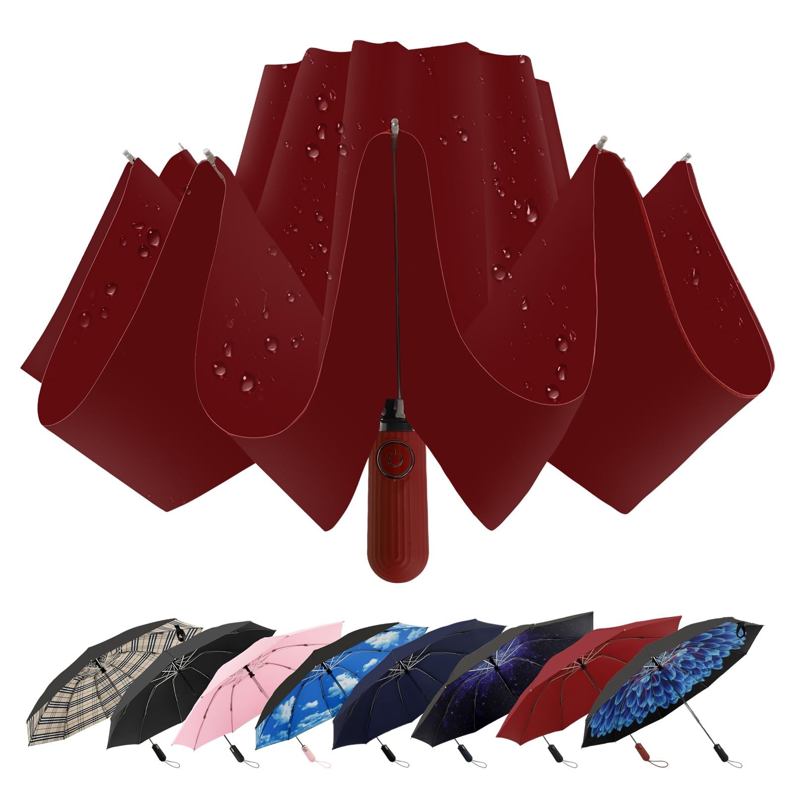 Inverted Travel Umbrella 46 Inch Windproof Auto Open Close - Compact & Portable