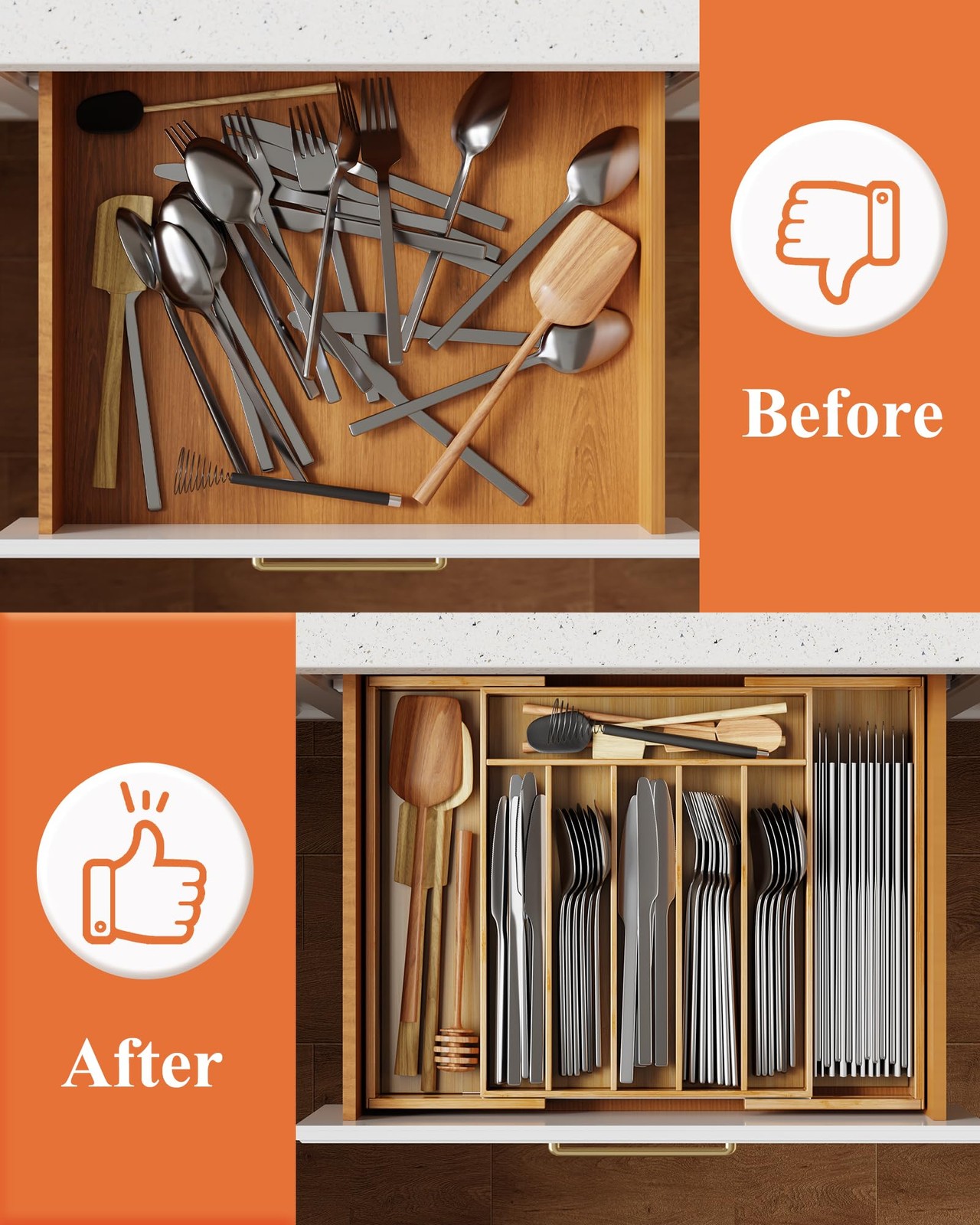 Kitsure Large Bamboo Silverware Organizer - Expandable Extra Large, Natural