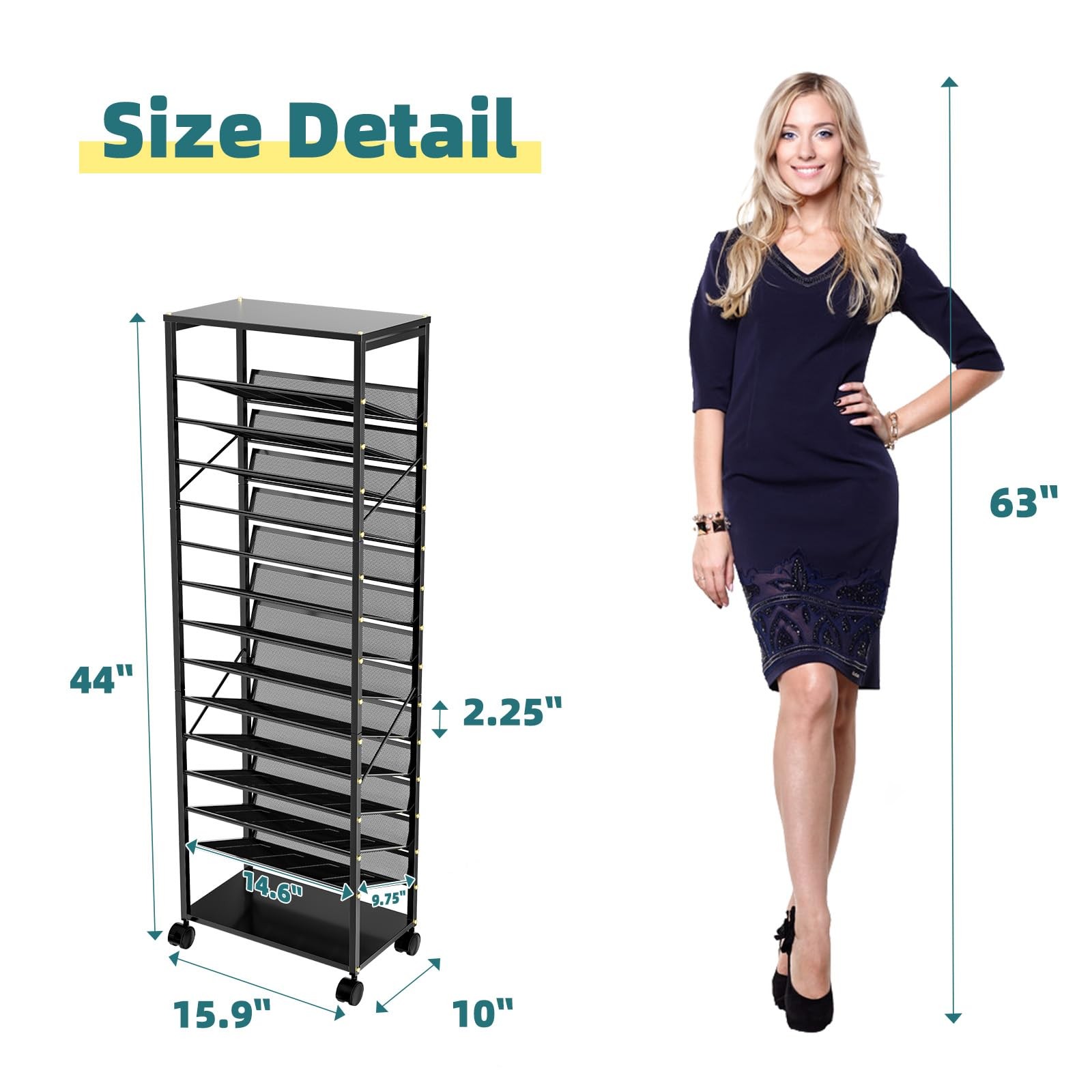 15 Tier Rolling File Cart, Sturdy and Durable Desk File Organizer with Metal ...