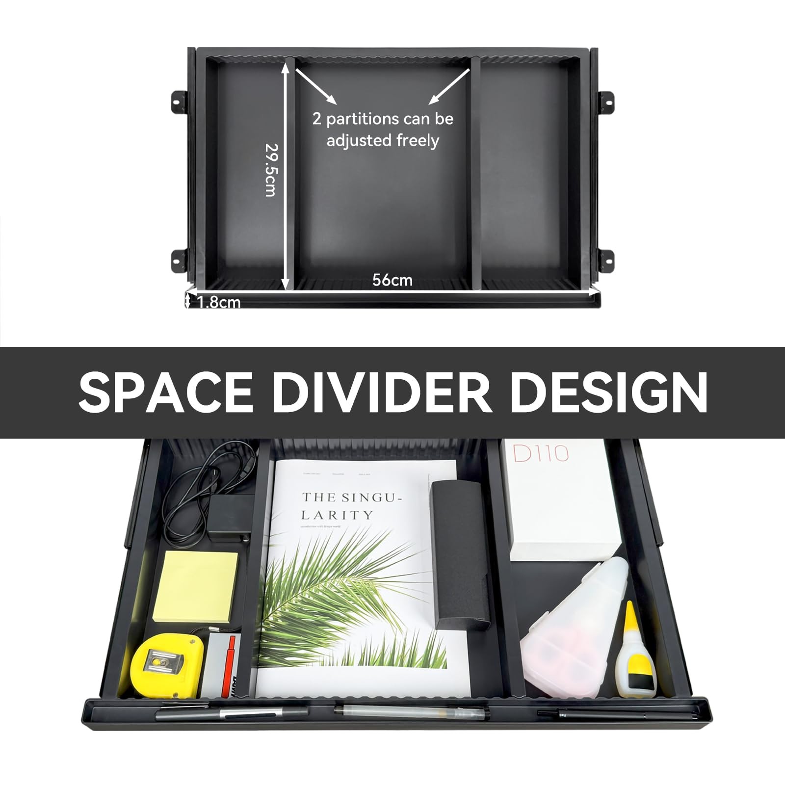 Under Desk Drawer Storage, Black With Adjustable Space Divider, Hidden Slide ...