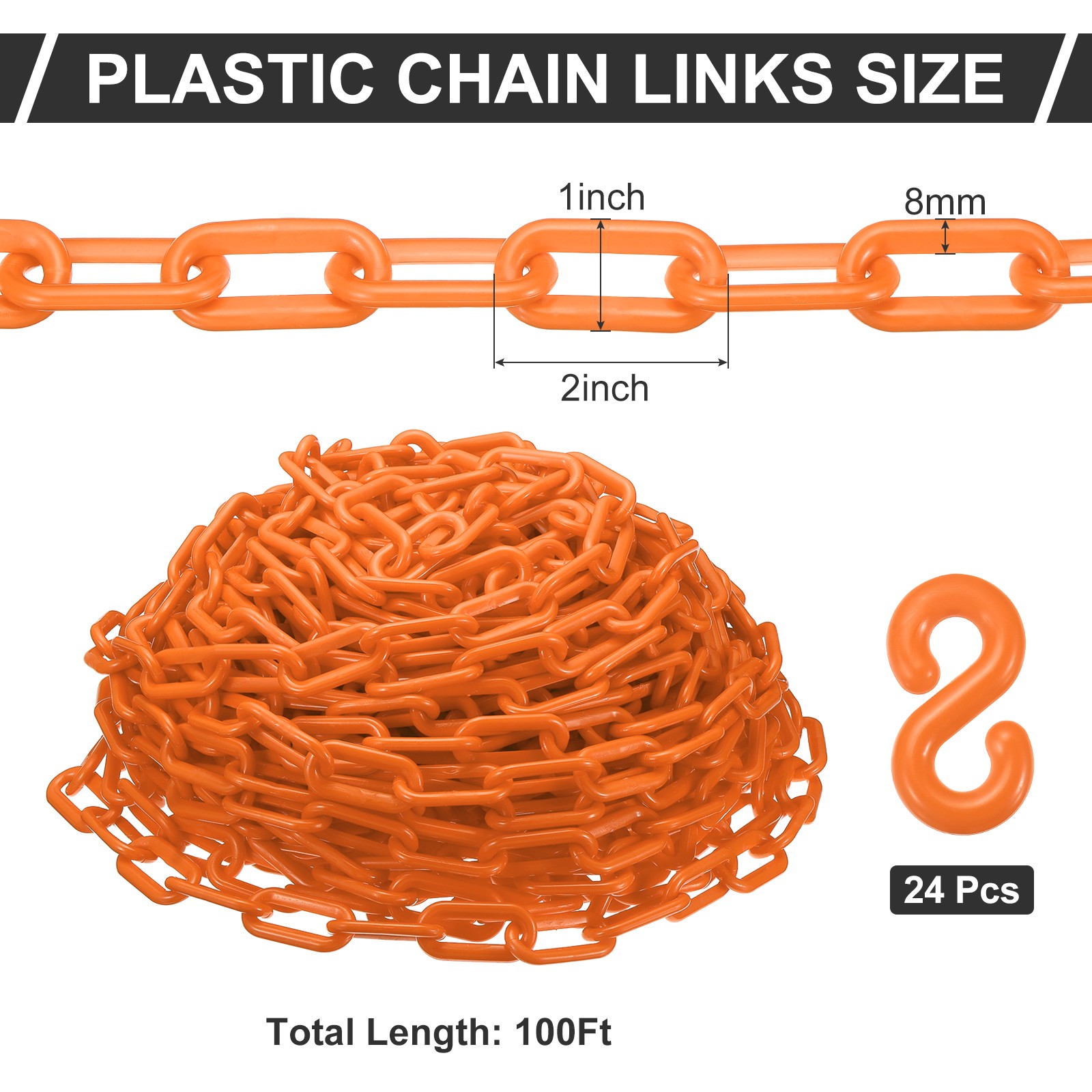 100 Ft Plastic Chain Links 2" Orange Safety Crowd Control Barrier Chain, 1 Roll