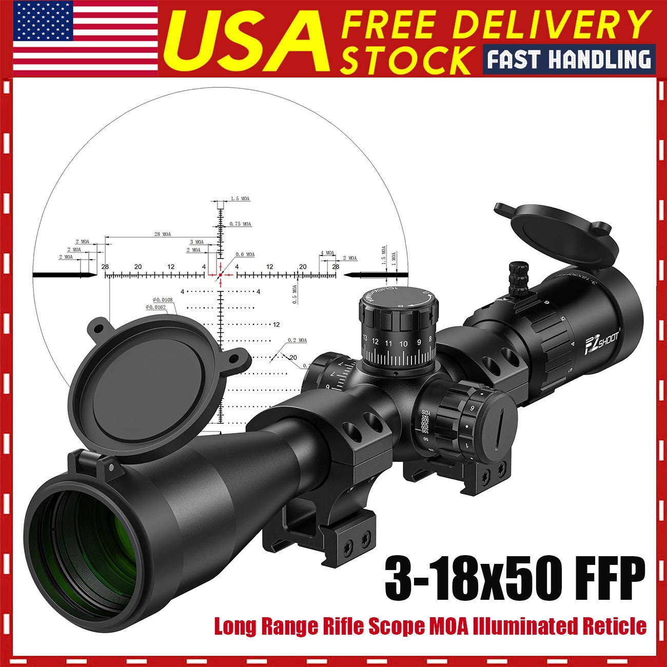 FFP Rifle Scope 3-18x50 with 6-Levels Red-Illuminated MOA Reticle Hunting Scope