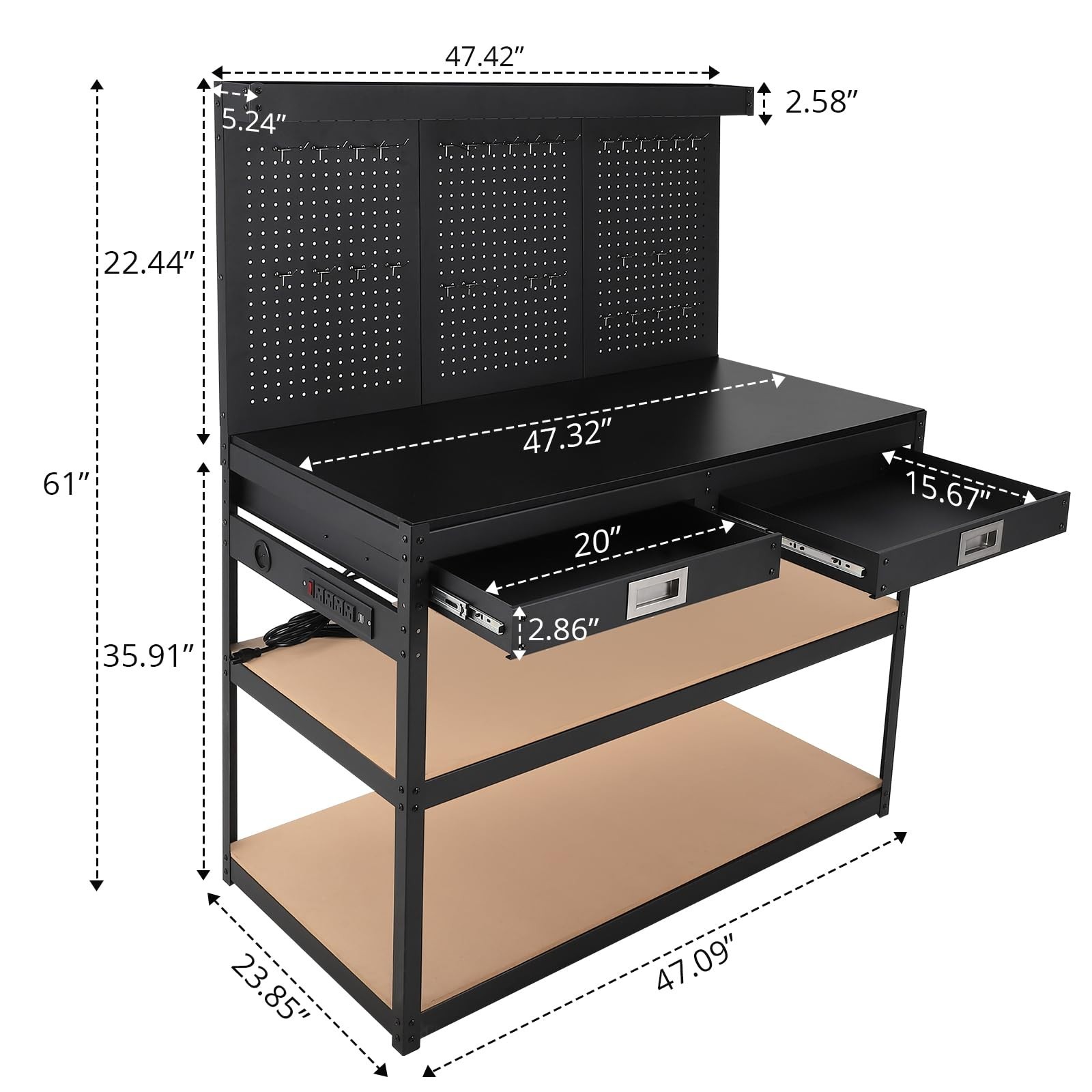 GRAVEE 48" Workbench Rubberwood Tabletop with Double Shelfs Pegboard Drawers
