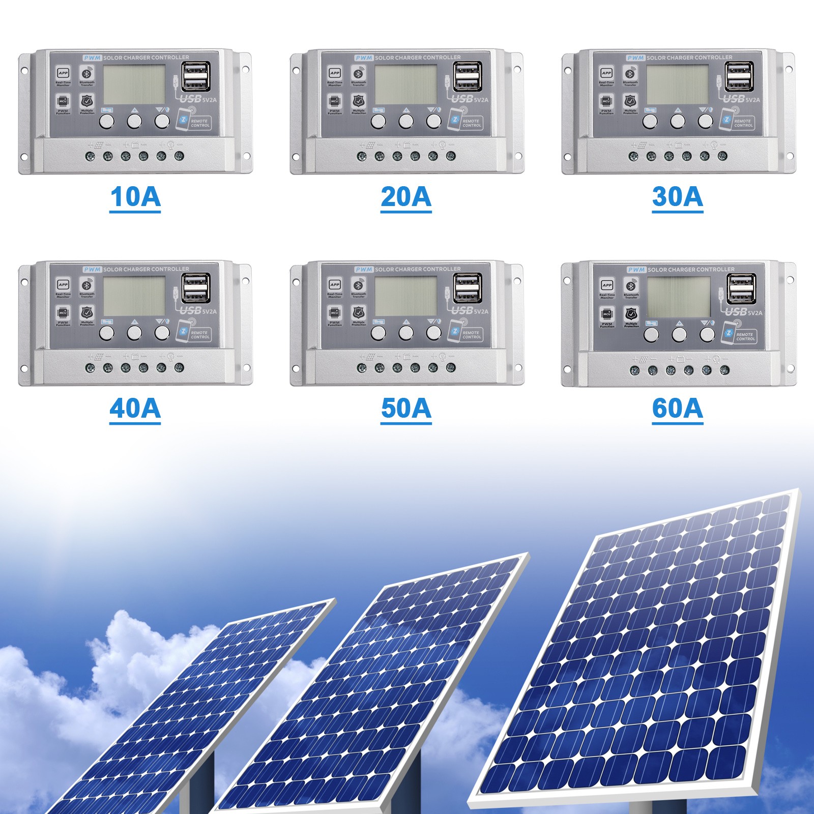 60A PWM Solar Controller Mobile APP Intelligent Control 12V 24V Solar Controller
