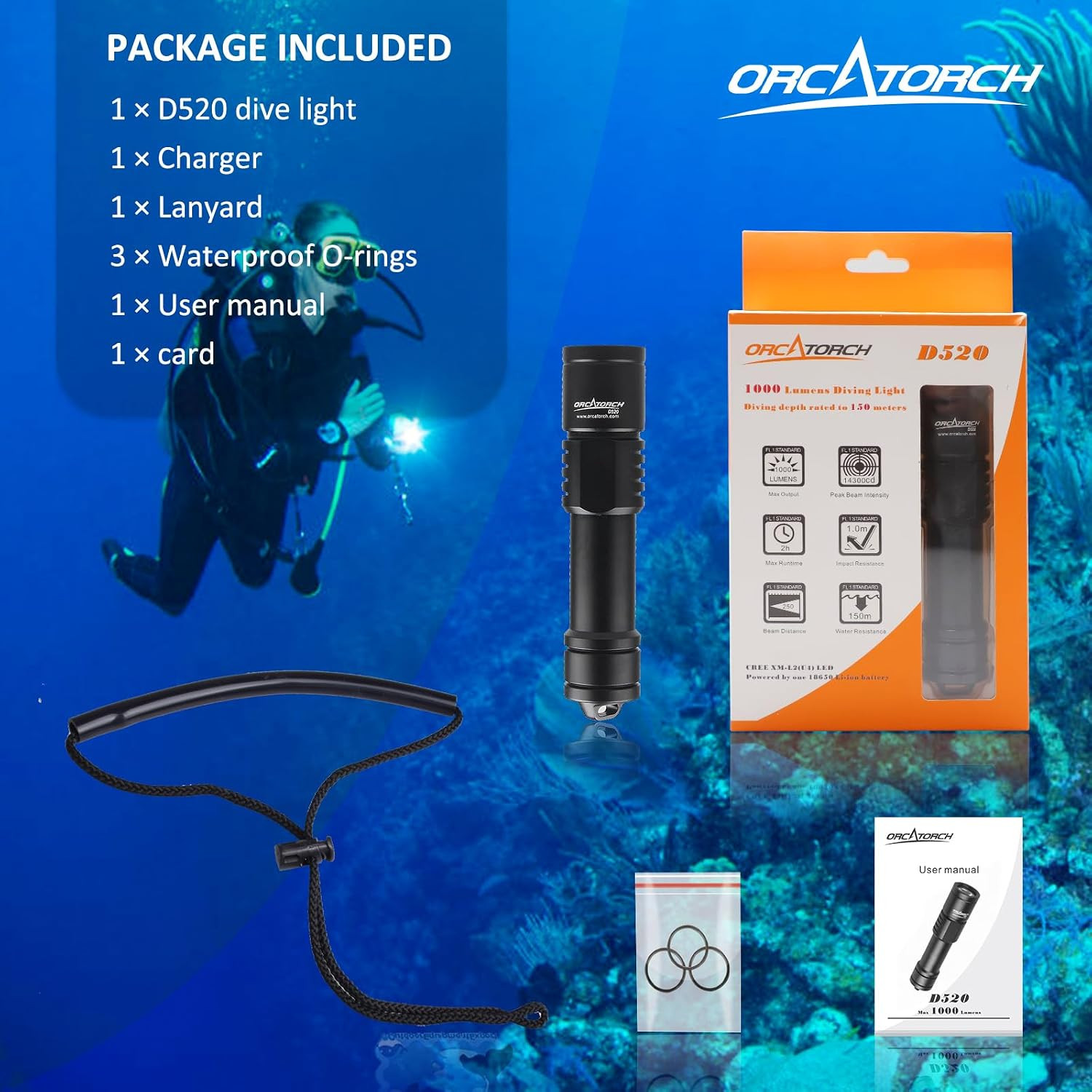 ORCATORCH D520 Scuba Dive Light 1000 Lumens Compact Diving Flashlight IP68 Water