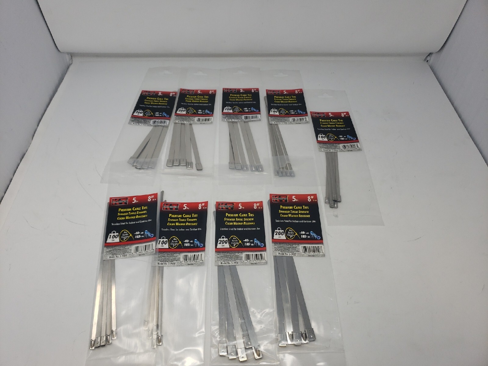 Lot of 9 KT Industries 5-9450 & 5-9448 8" Premium Cable Ties 5pc