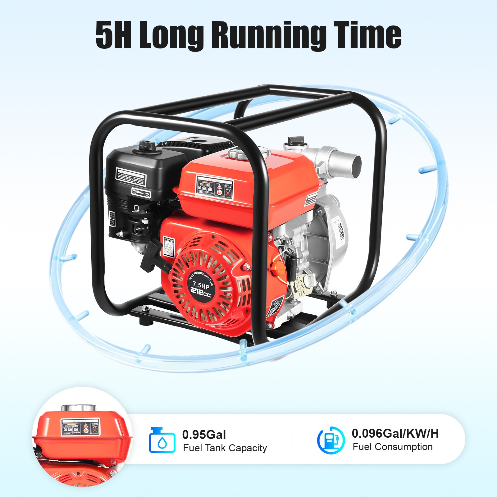 7.5 HP 2" Portable Gas Powered Water Pump Gasoline Water Pump w/ 7.5m Hose
