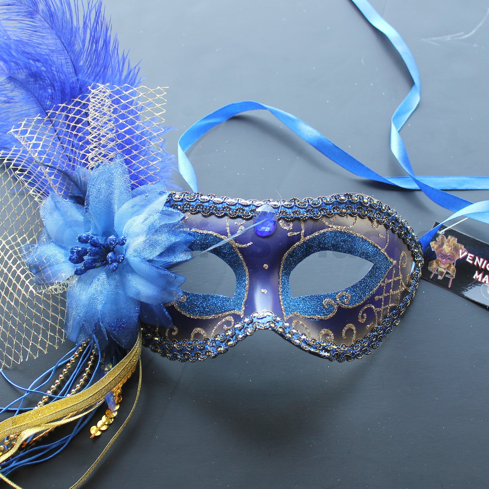 Royal Blue Venetian Masquerade Mask w/Ostrich Feathers Party Prom Mardi Gras