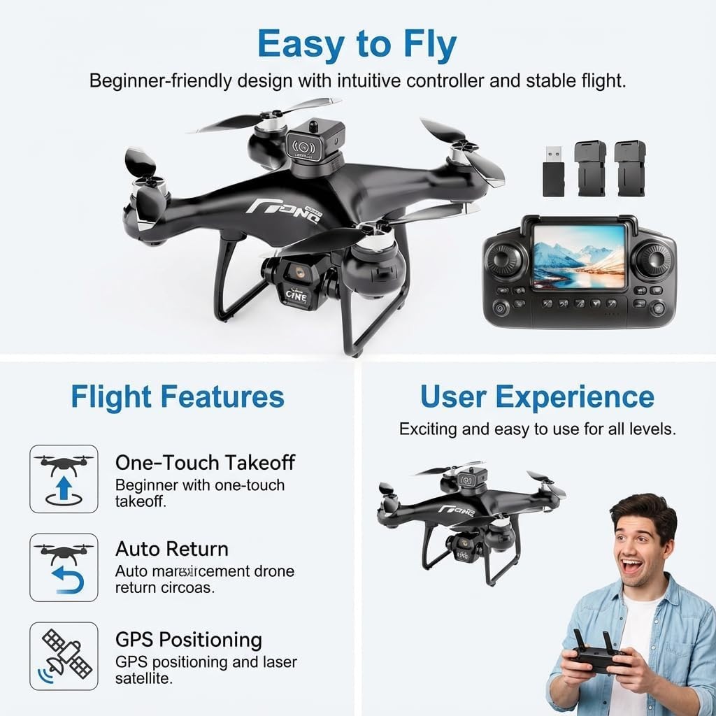 Beginner Foldable Drone with Screen Controller 720p HD Camera 2 Batteries Black