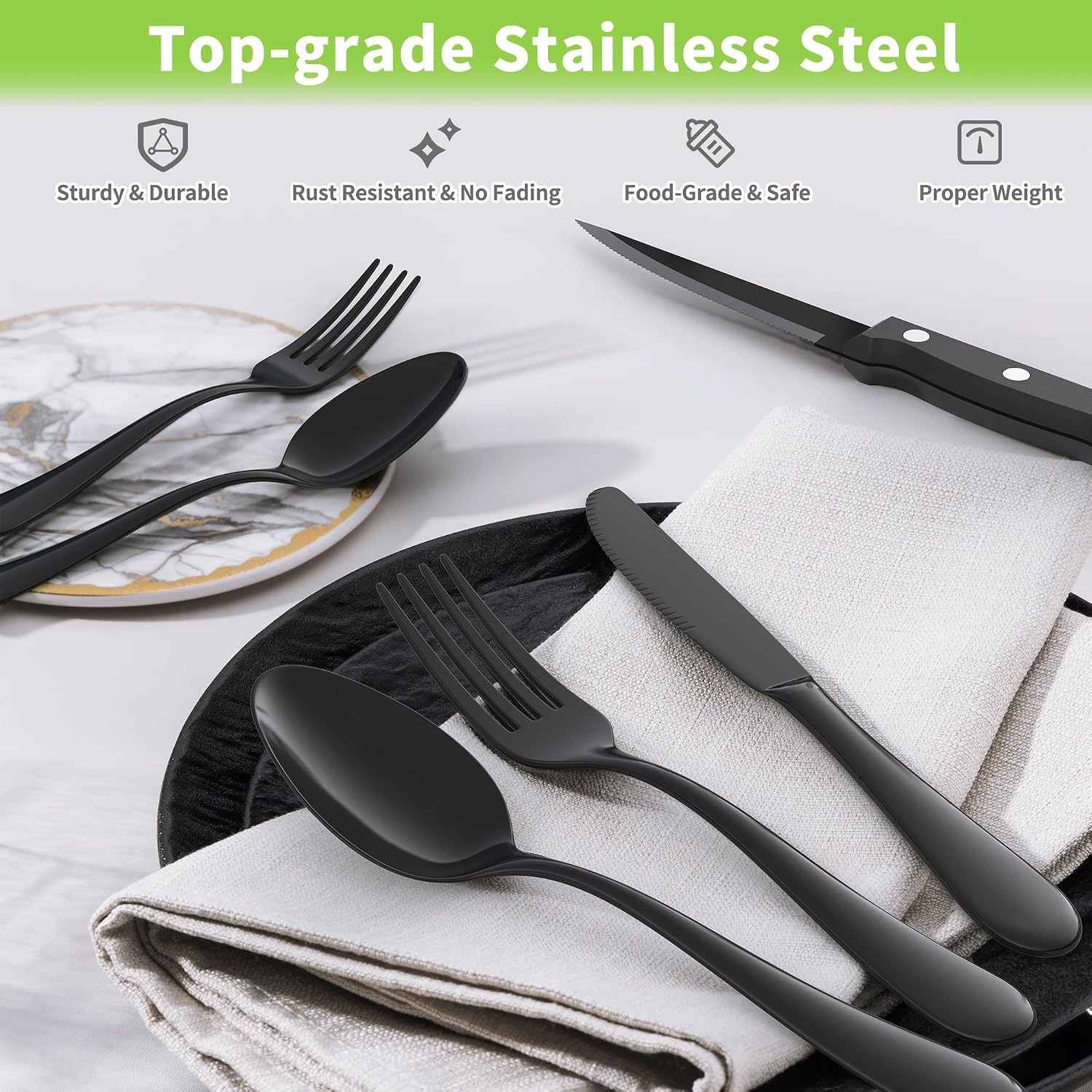 24-Piece Black Silverware Set with Steak Knives-Forks and Spoons Silverware Sets