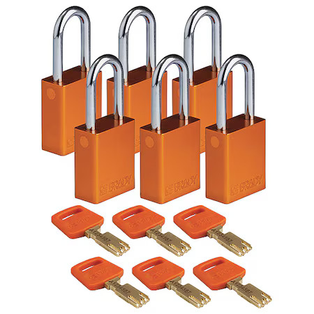 Brady Alu-Org-38St-Kd6pk Lockout Padlock, Keyed Different, Aluminum, Orange, 1