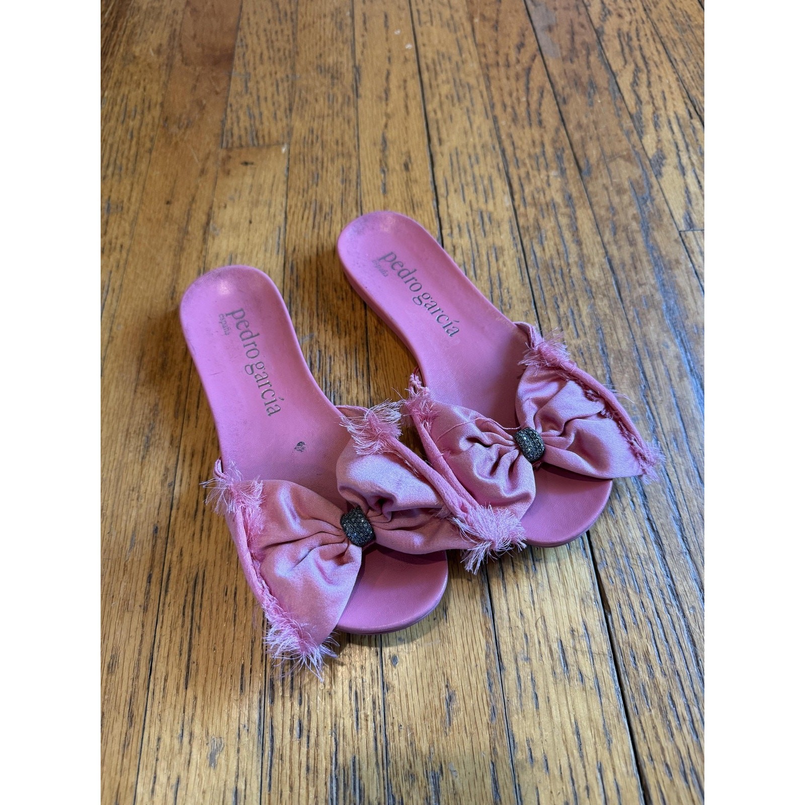 Pedro Garcia Sandals Womens Size EU 39.5 Pink Satin Bow Slide Crystal Jeweled
