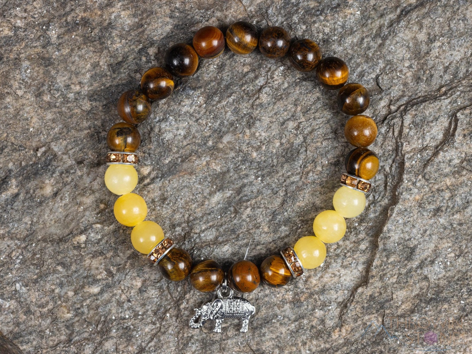 TIGERS EYE & Honey JADE Crystal Bracelet Elephant Charm Beaded Jewelry, E2201