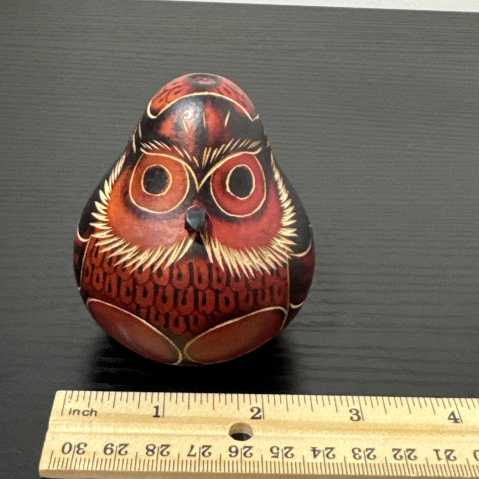 Lucuma RED OWL Natural Gourd Hand Carved PERU Folk Art Rattle 3.25 Inches