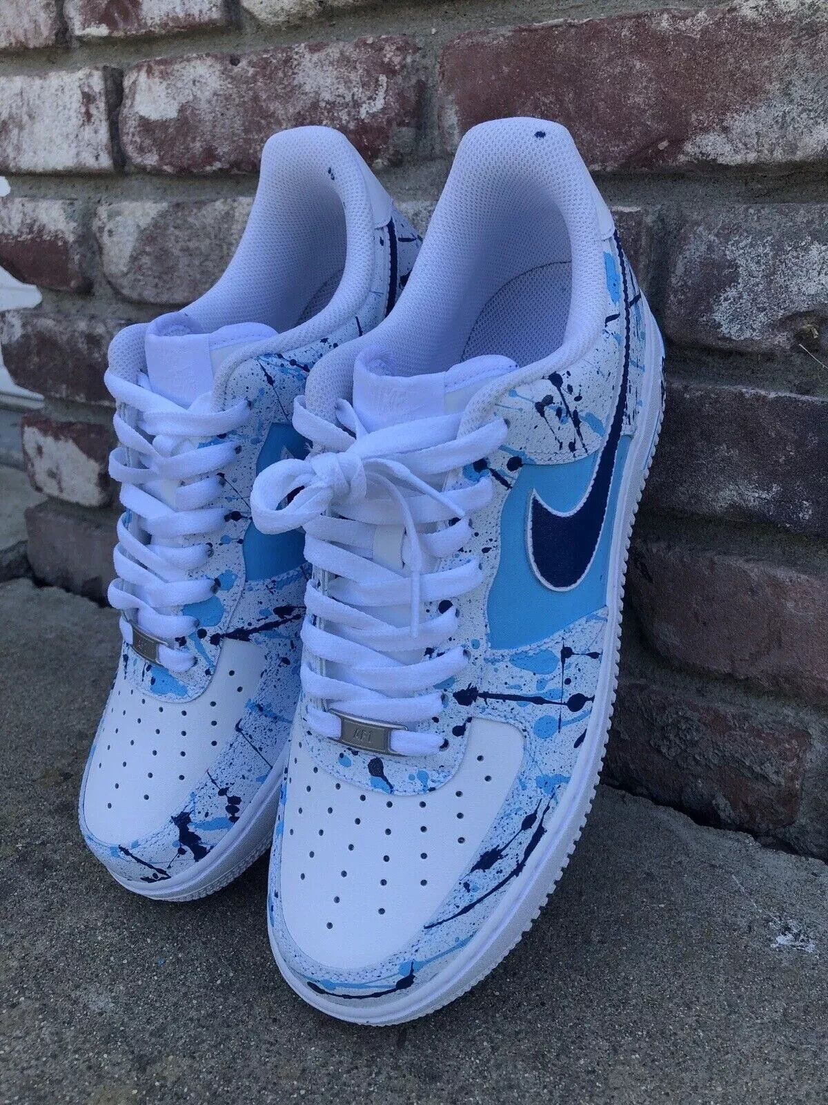 Air Force 1 Custom Shoes White Light & Dark Navy Blue Splatter Mens Size 12