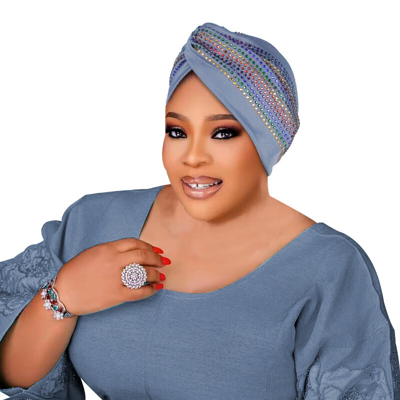 African Women Shiny Rhinestone Turban Bonnet Twist Hair Loss Chemo Headwear Arab