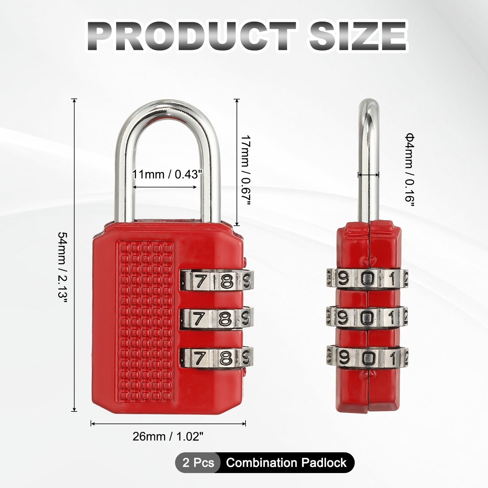 Combination Padlock (Medium, Red)(2 Pcs), 3-Digit Shackle Code Locks
