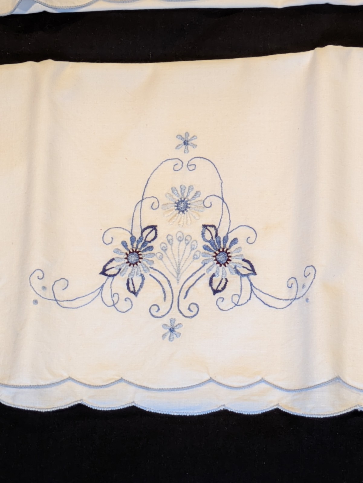 Vtg White Cotton Pillowcases Set of 2 Standard Size Hand Embroidered Blue Flower