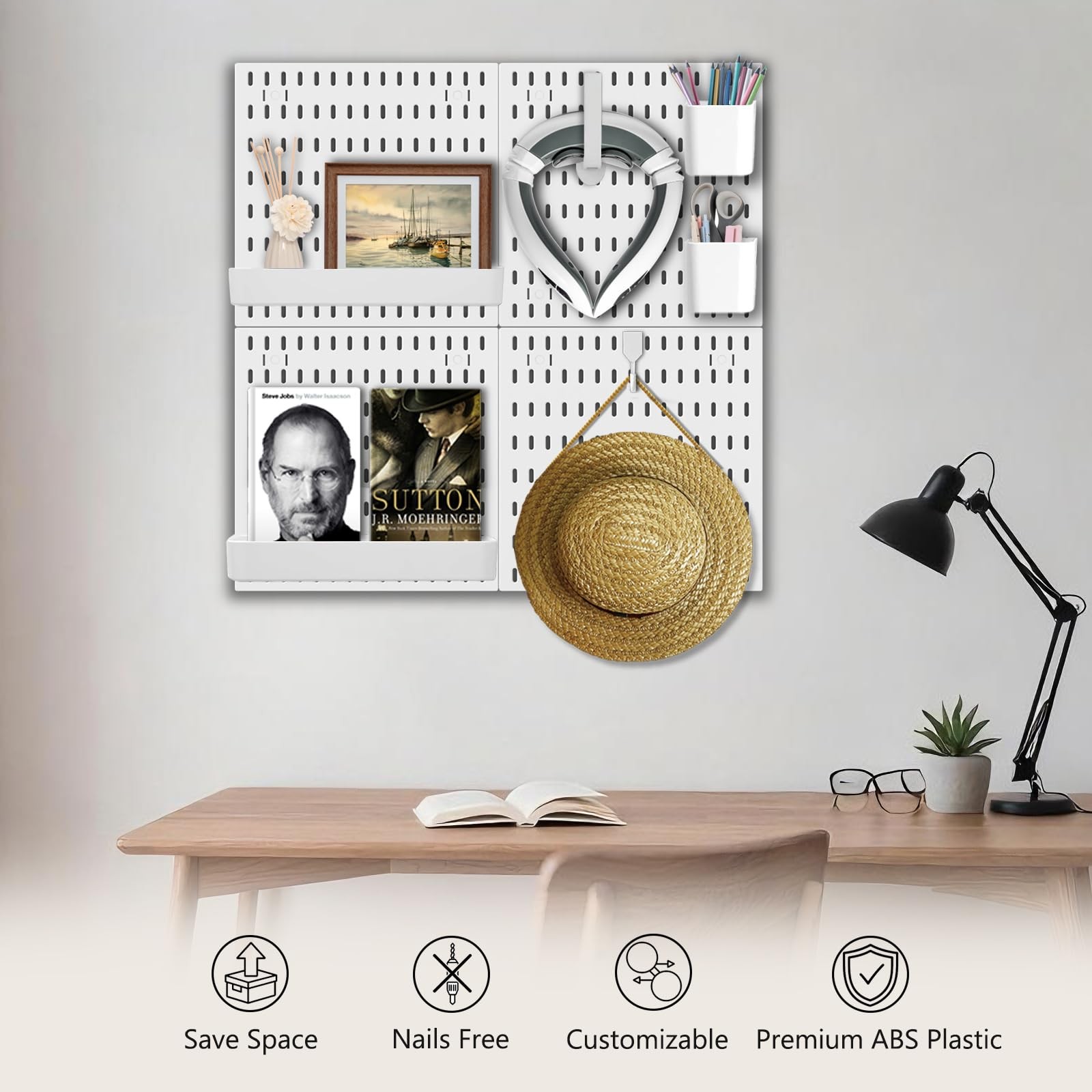 4 PCS Plastic Wall Organizer Pegboard Panel 23.6 Inch 18 Accessories White