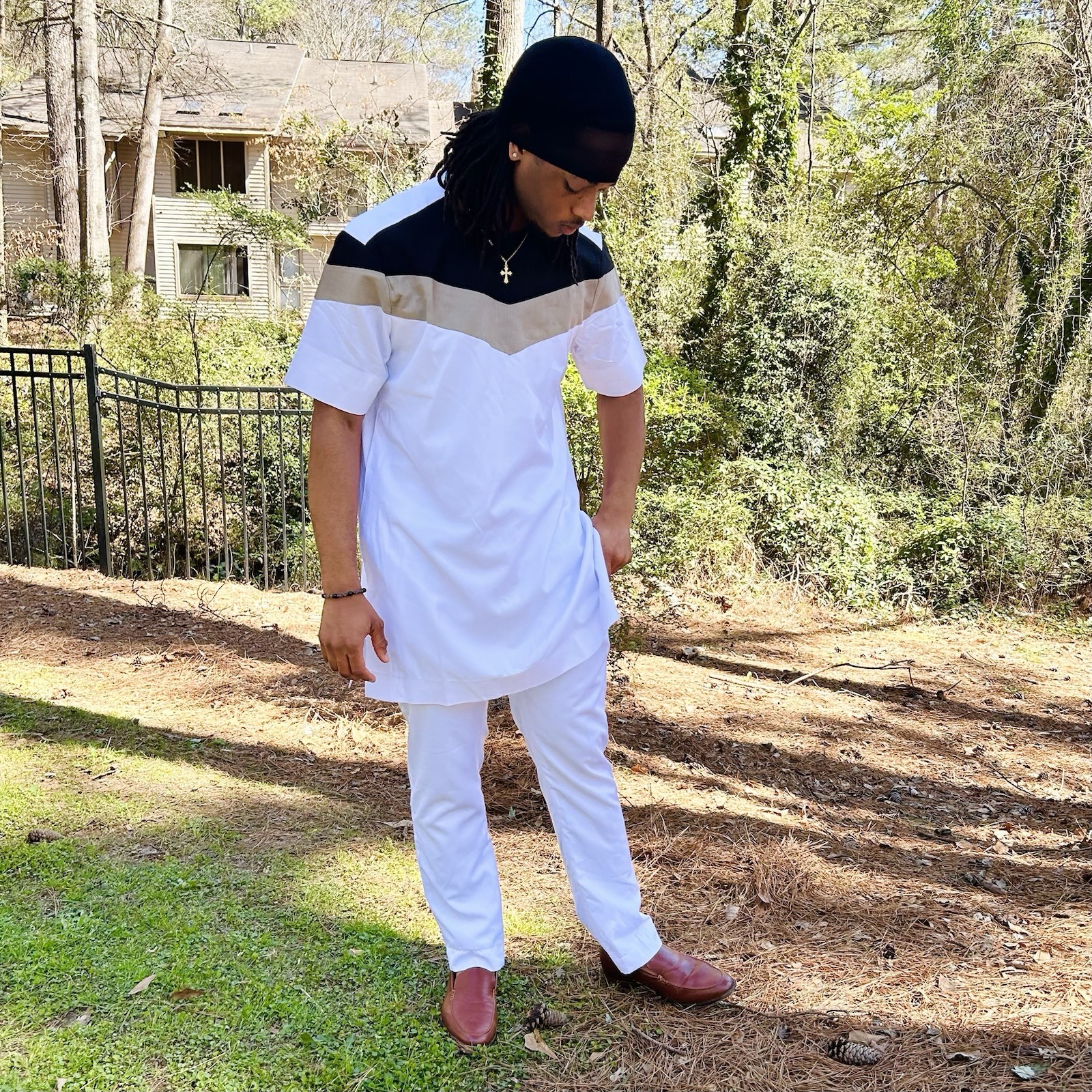 African Nigerian Senator Style White w/ Black & Brown Embroidered Shirts & Pants