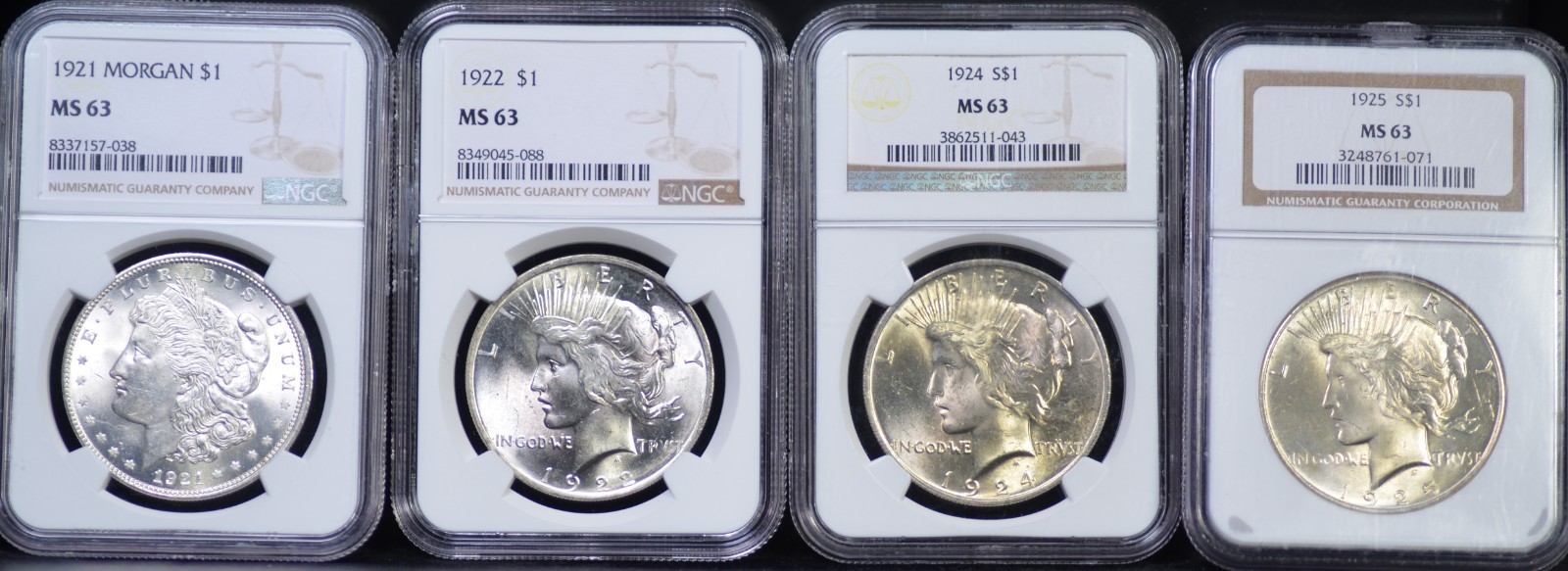 LOT OF (4) NGC MS 63 MORGAN AND PEACE DOLLARS; 1921 MORGAN, '22, '24, '25 PEACE