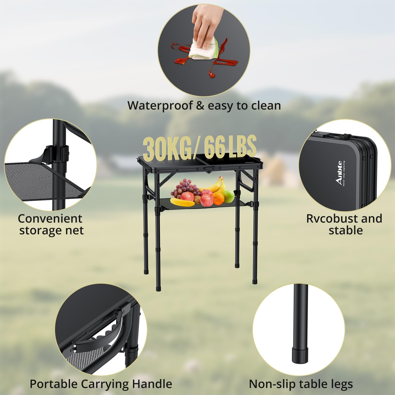 Anbte 2ft Folding Camping Table with Storage Net, 3 Adjustable Heights Small Fol