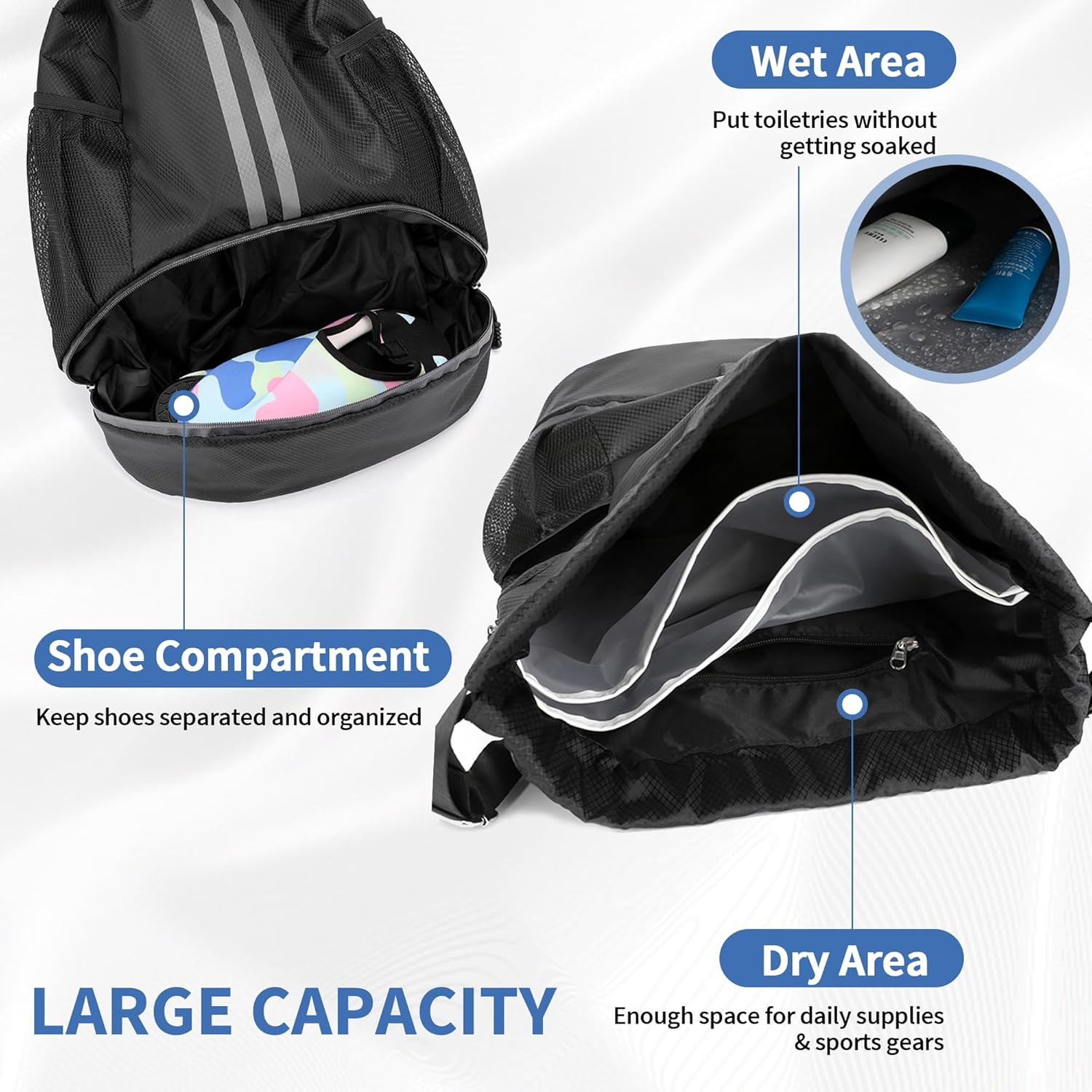 Drawstring Backpack Gym Bag with Shoes Compartment for Soccer, Basketball, Swim,