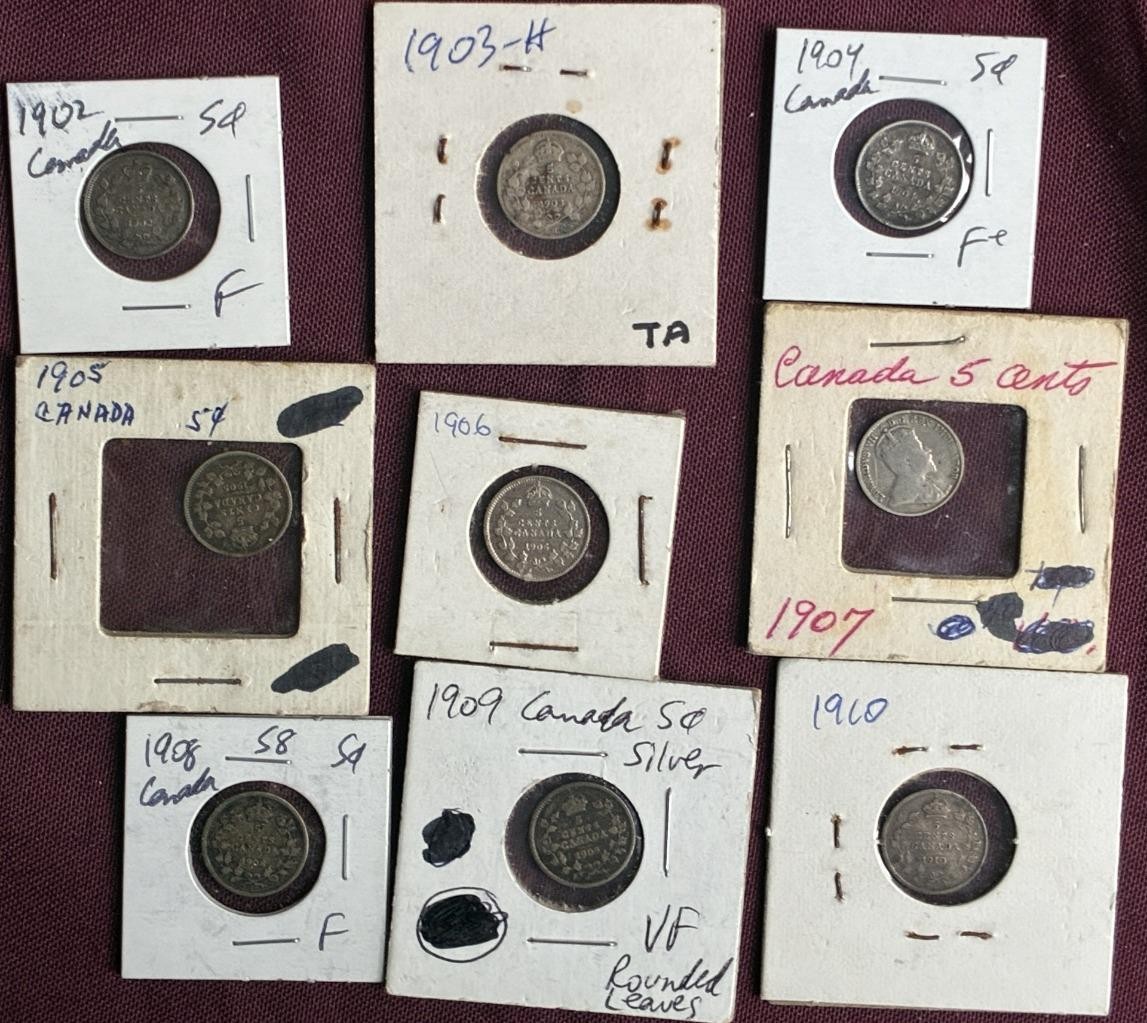 REDUCED!! ONE A YEAR 1902-1920 CANADA 5 CENT SILVER PIECES INCLUDES 1908 & 1915